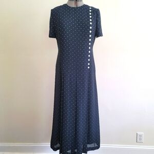 Vintage MHM Melissa Harper Navy White Polka Dot Pleated Maxi Dress Size 8